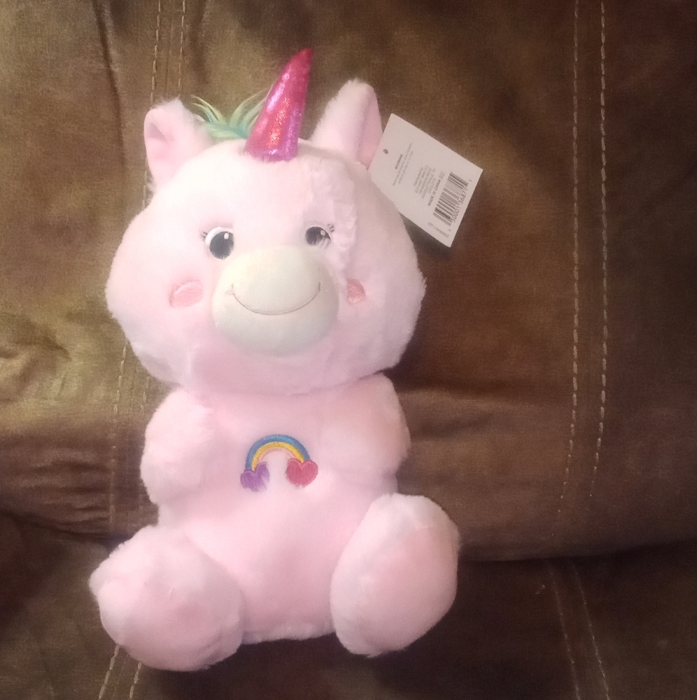 Pink Unicorn Stuffed Animal Plush 14" Rainbow Mane and Tail, Pink Glitter Horn